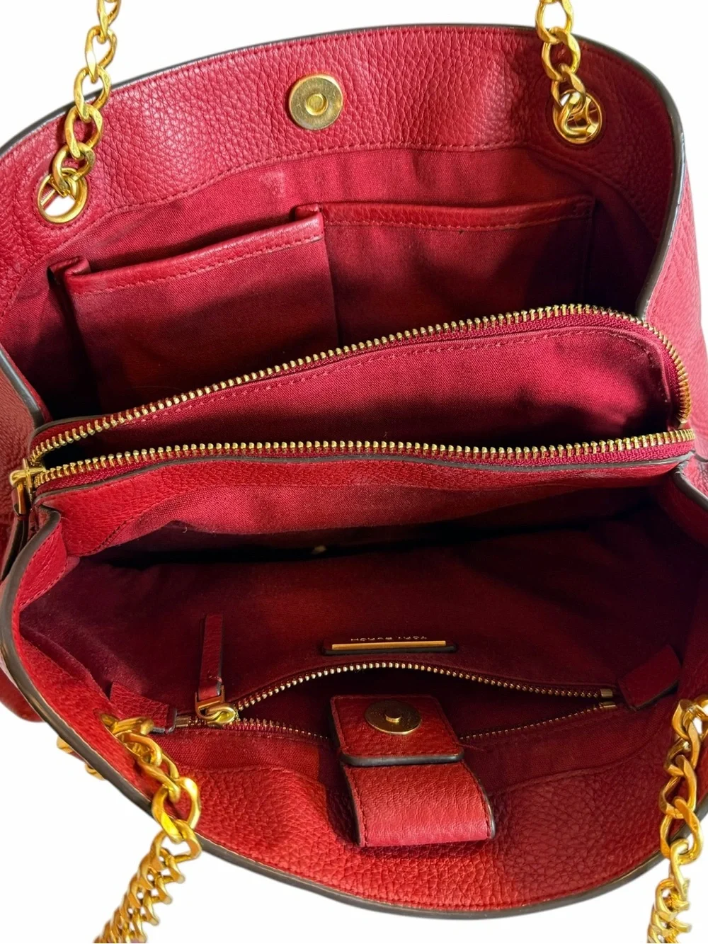 Tory Burch Deep Red Pebbled Leather Gold Chain Shoulder Tote Bag